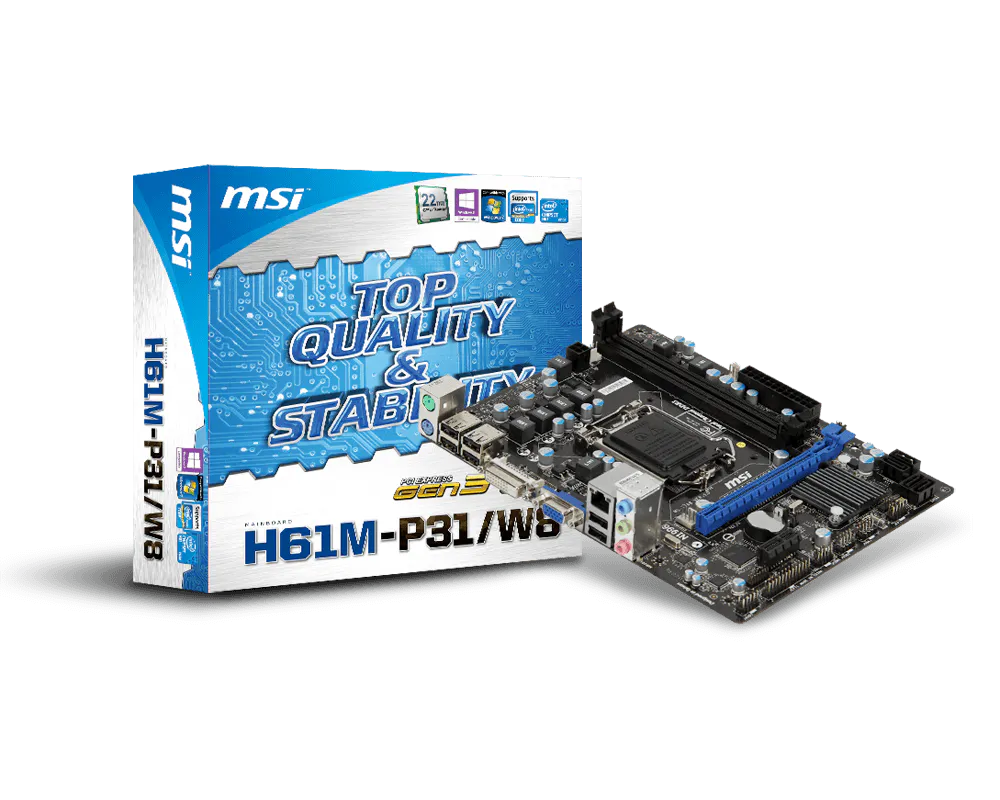 לוח אם MSI H61M-P31/W8 לצד אריזת היצרן – תמונת המחשה, אינה מעידה על תכולת המוצר