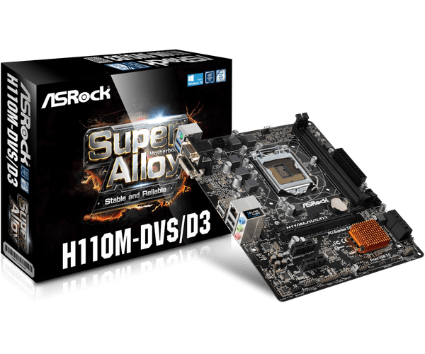 לוח אם ASRock H110M-DVS/D3 והאריזה – תמונת יצרן להמחשה